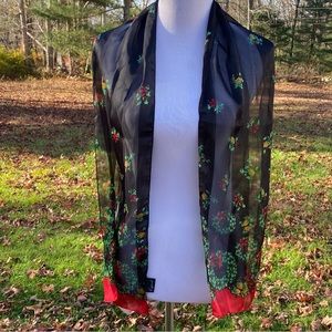 CEJON SCARF BLACK RED GREEN HOLIDAY CHRISTMAS WREATH PRINT LONG RECTANGLE